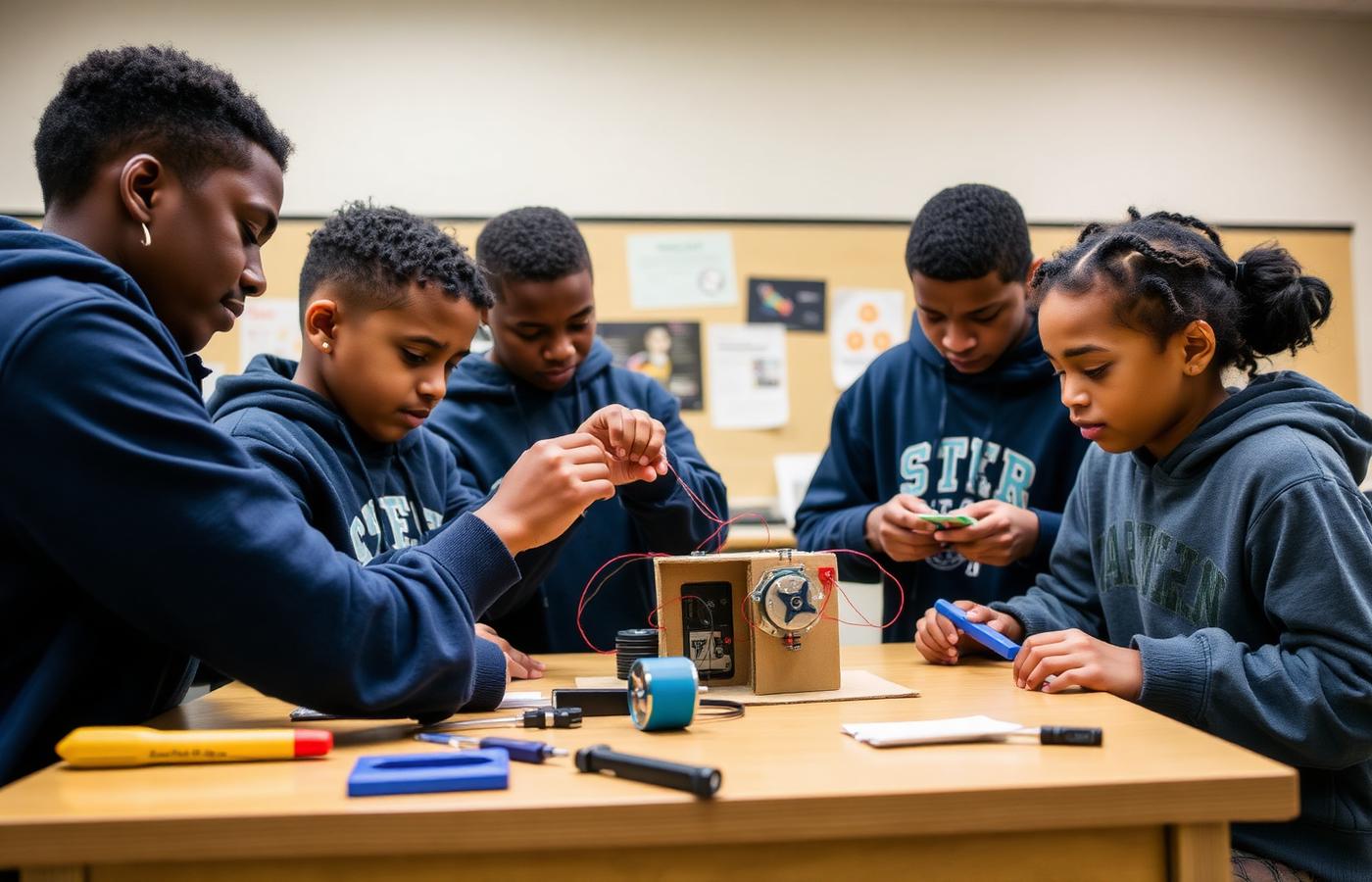 Middle school scholars of color building an engineering prototype together at a classroom workbench